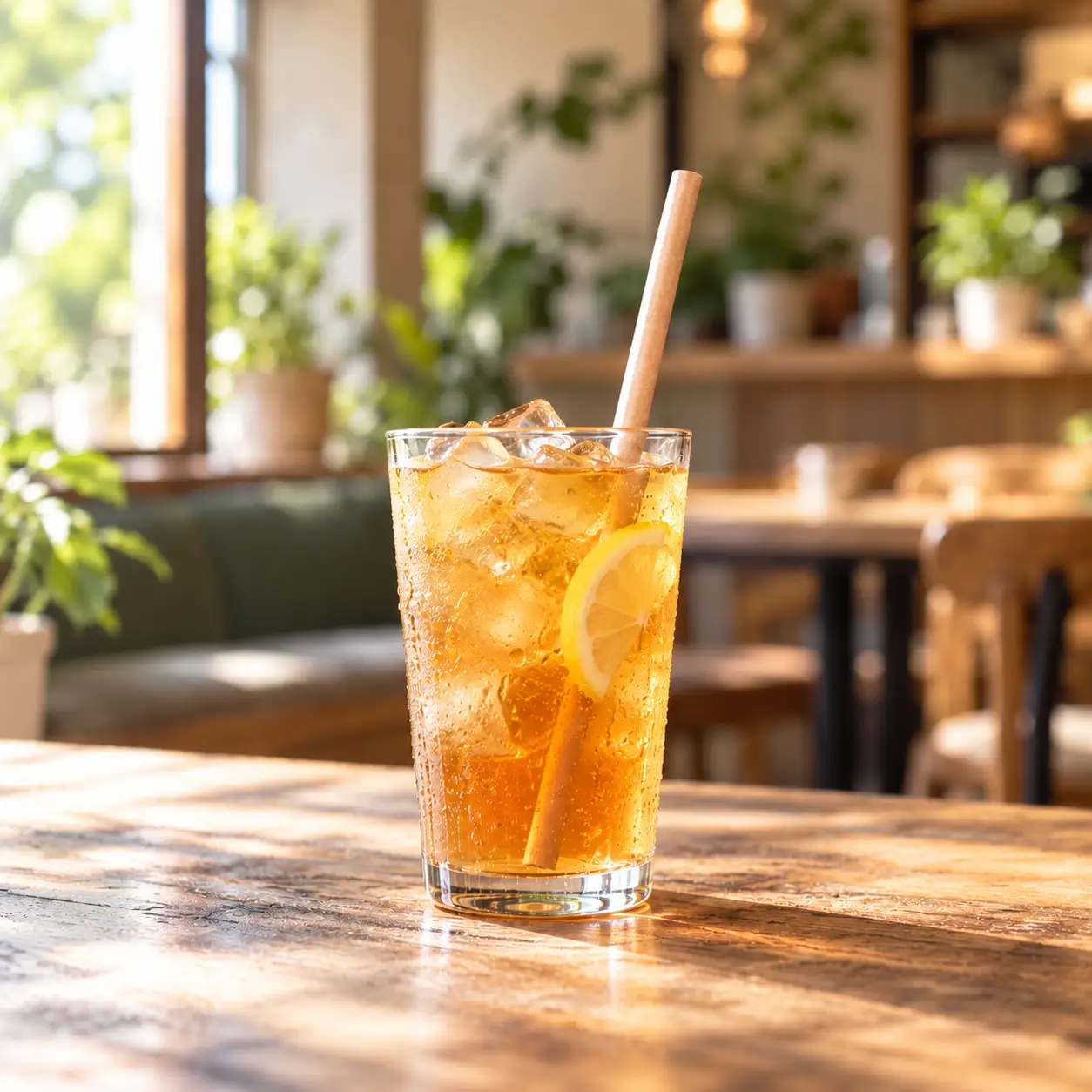 Iced tea with a paper straw in a sunlit café